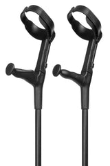 Top of Black Leather Effect Pair of Crutches showing moulded handles and cuffs