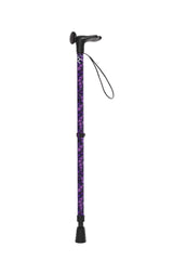 Purple and black walking stick with a butterfly pattern on a white background