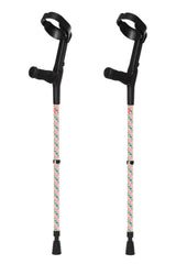 Pair of crutches with colorful handles on a white background