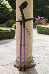 Purple Velvet Diamanté Cool Crutches + Walking Stick Against Stone Pillar