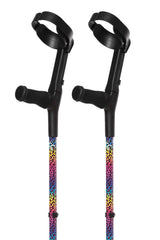Pair of rainbow leopard crutches with colourful grips on a white background
