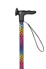 Colorful leopard print walking cane with black handle on a white background