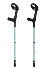 Pair of crutches with colorful handles on a white background