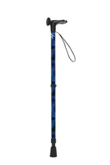 A walking stick with a blend of deep ocean blues and electric gold lightning streaks
