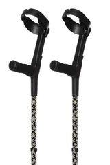 Pair of black crutches with patterned grips on a white background