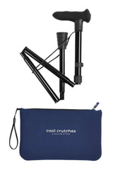 Black folding crutches with a blue carrying case on a white background