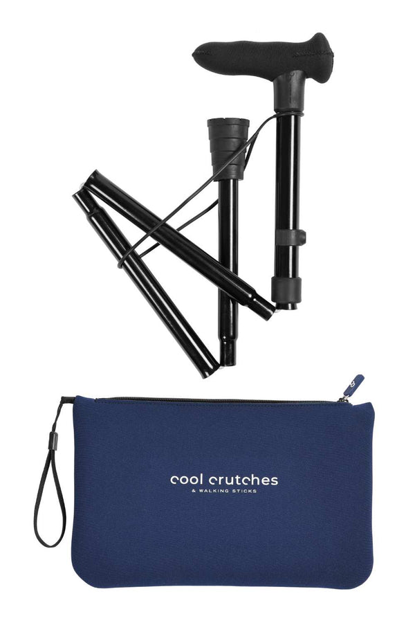Black folding crutches with a blue carrying case on a white background