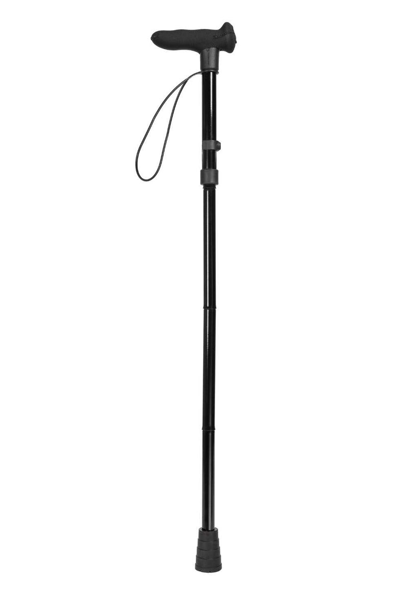 Black adjustable walking cane on a white background