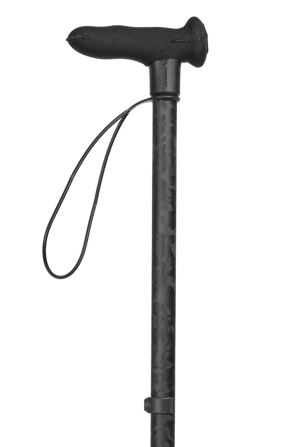 Top of black camo adjustable walking stick showing moulded handles and soft grip