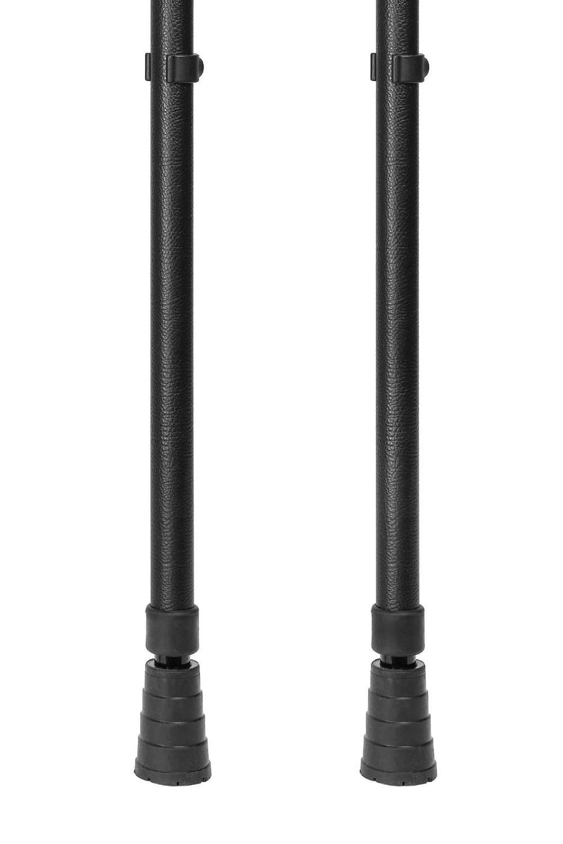 Bottom of Black Leather Effect Pair of Crutches  showing ferrules