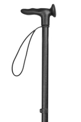 Top of black Leather Effect Walking Stick showing moulded handle and wrist strap