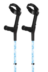 Pair of crutches with black handles and blue shafts on a white background