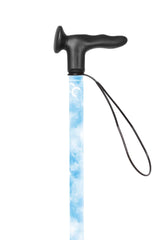 Walking stick with blue and white patterned handle on a white background