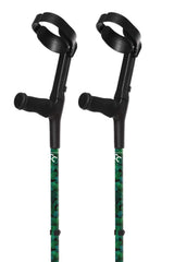 Pair of black crutches with green camouflage pattern on a white background