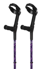 Pair of crutches with purple butterfly print and grips on a white background