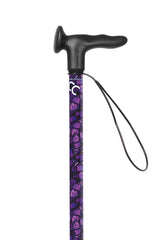 Purple walking cane with black handle on a white background