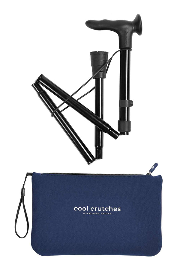 Black folding cane with blue carrying case labeled 'cool crutches' on a white background