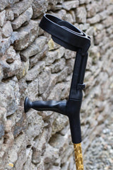 Top of Gold Chrome Effect Pair of Crutches showing moulded handle and cuff