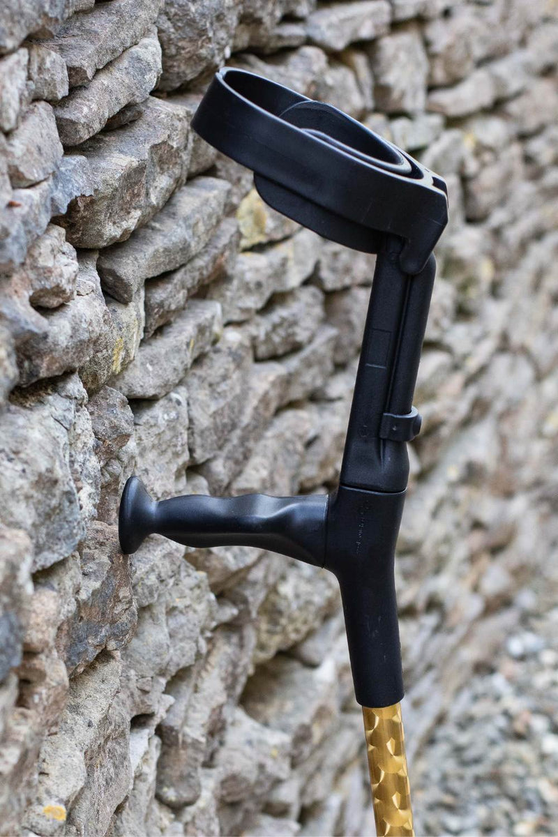 Top of Gold Chrome Effect Pair of Crutches showing moulded handle and cuff