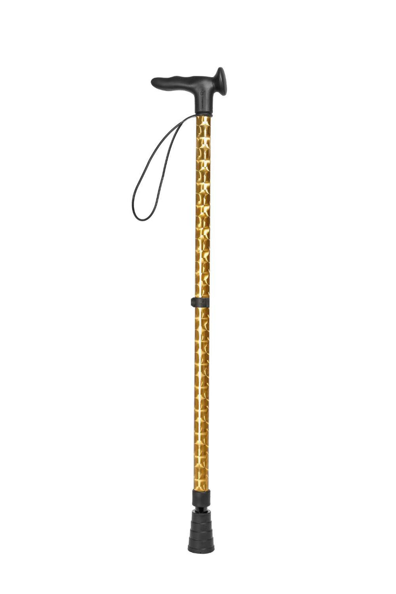 Gold chrome effect design on an adjustable walking stick