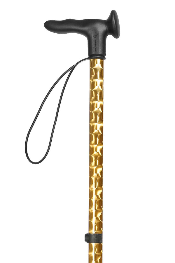 Top of gold chrome effect design on an adjustable walking stick with moulded handle