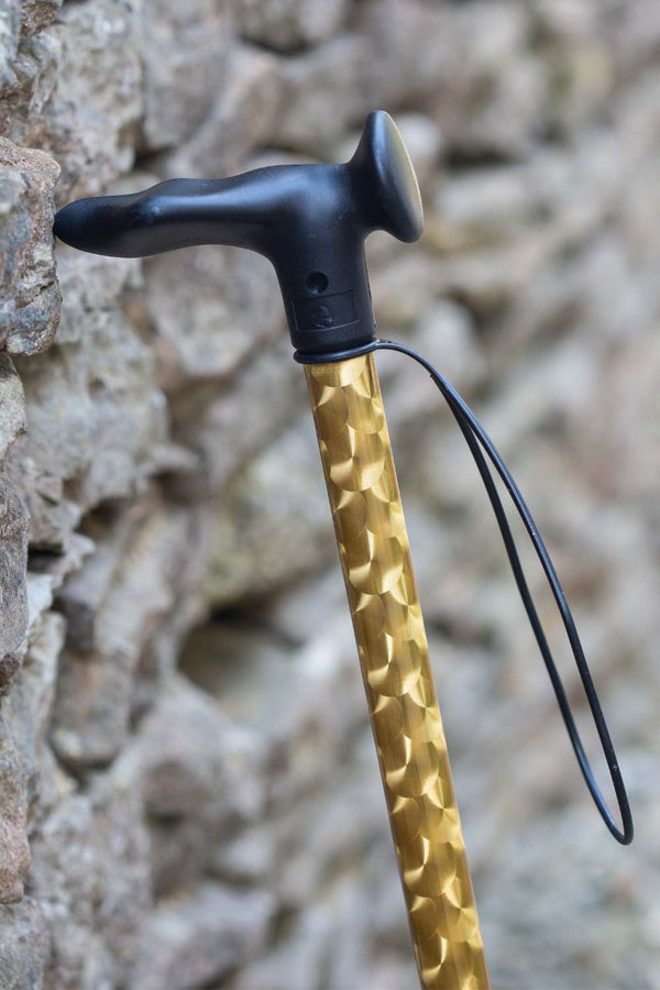 Gold chrome effect design on an adjustable walking stick with moulded handle