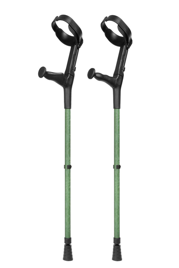Green camo designed pair of adjustable crutches 