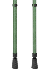 Bottom of green camo designed pair of adjustable crutches showing ferrules
