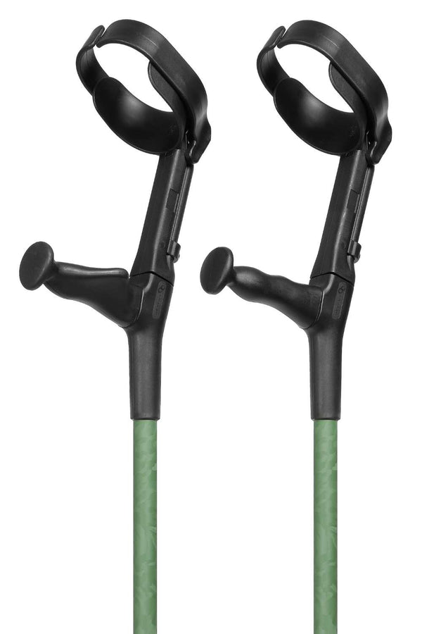 Top of green camo designed pair of adjustable crutches showing cuffs and moulded handles