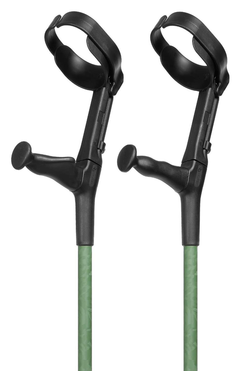 Top of green camo designed pair of adjustable crutches showing cuffs and moulded handles