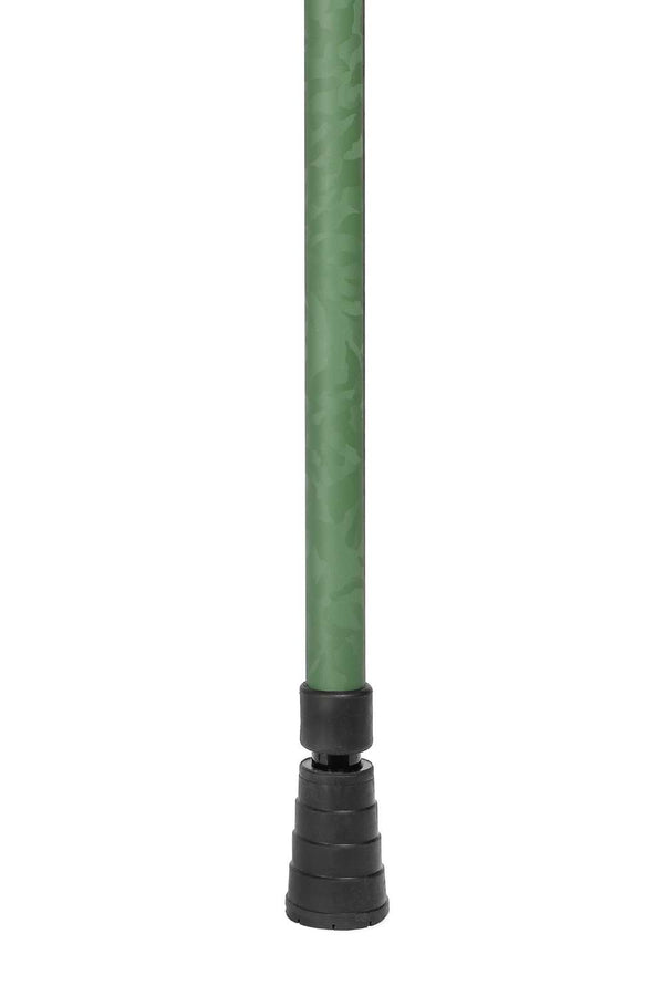Bottom of green camo walking stick showing ferrule