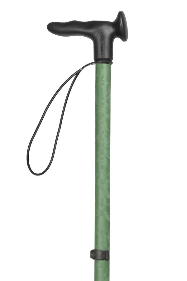 Top of green camo walking stick showing moulded handles and wrist straps