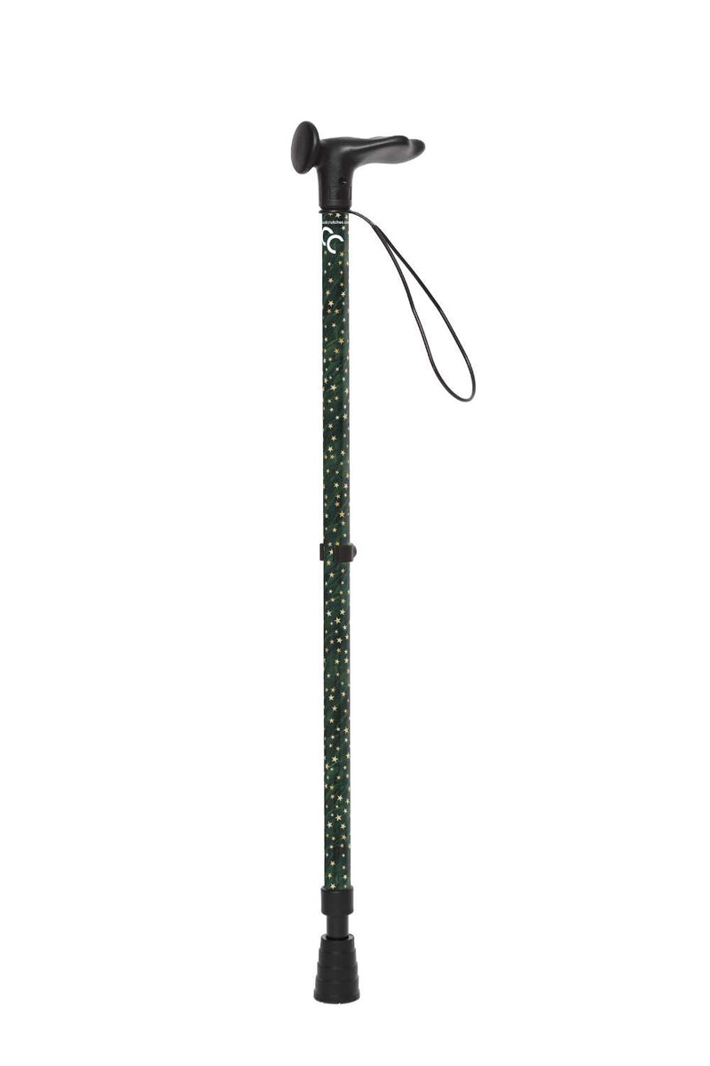 Green adjustable walking stick with a star pattern 