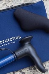 Navy Blue folding walking stick by cool crutches with ergonomic handle, soft grip cover and neoprene travel bag