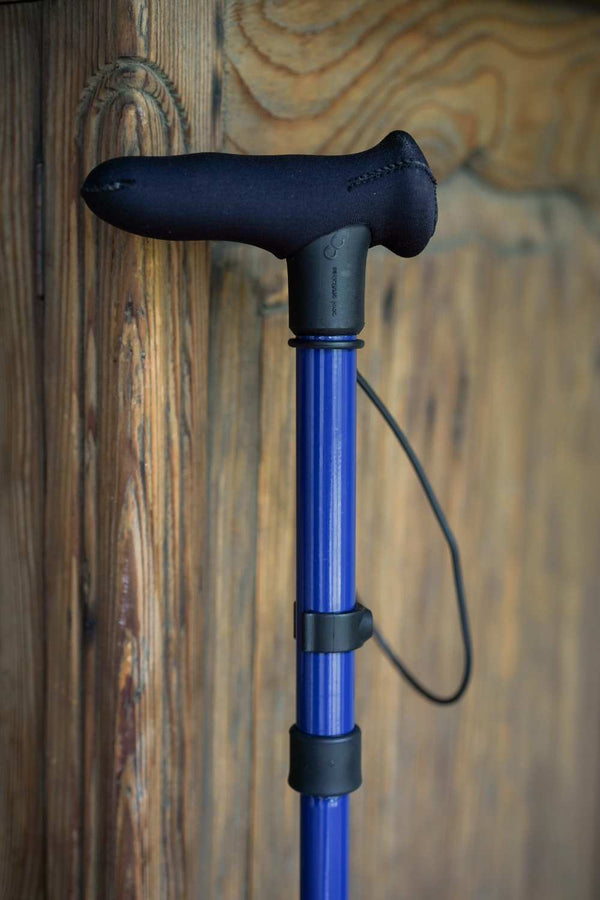 NEW Navy Folding Walking Stick with moulded handle and soft grip cover
