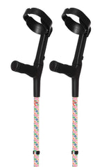 Pair of crutches with colorful grips on a white background