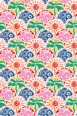 Colorful pattern with palm trees and abstract shapes on a white background