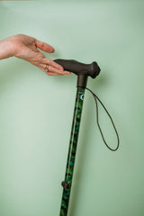 Hand holding a walking stick with a green pattern against a light green background