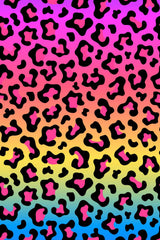 Colourful leopard print pattern with a gradient effect on a multicolored background.