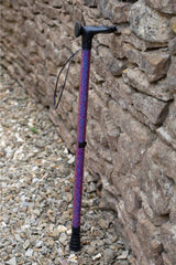 Purple and black walking stick leaning against a stone wall.
