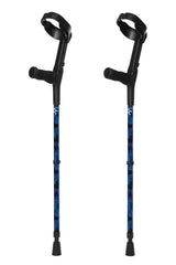 A pair of crutches designed with deep ocean blues and streaks of gold lightning