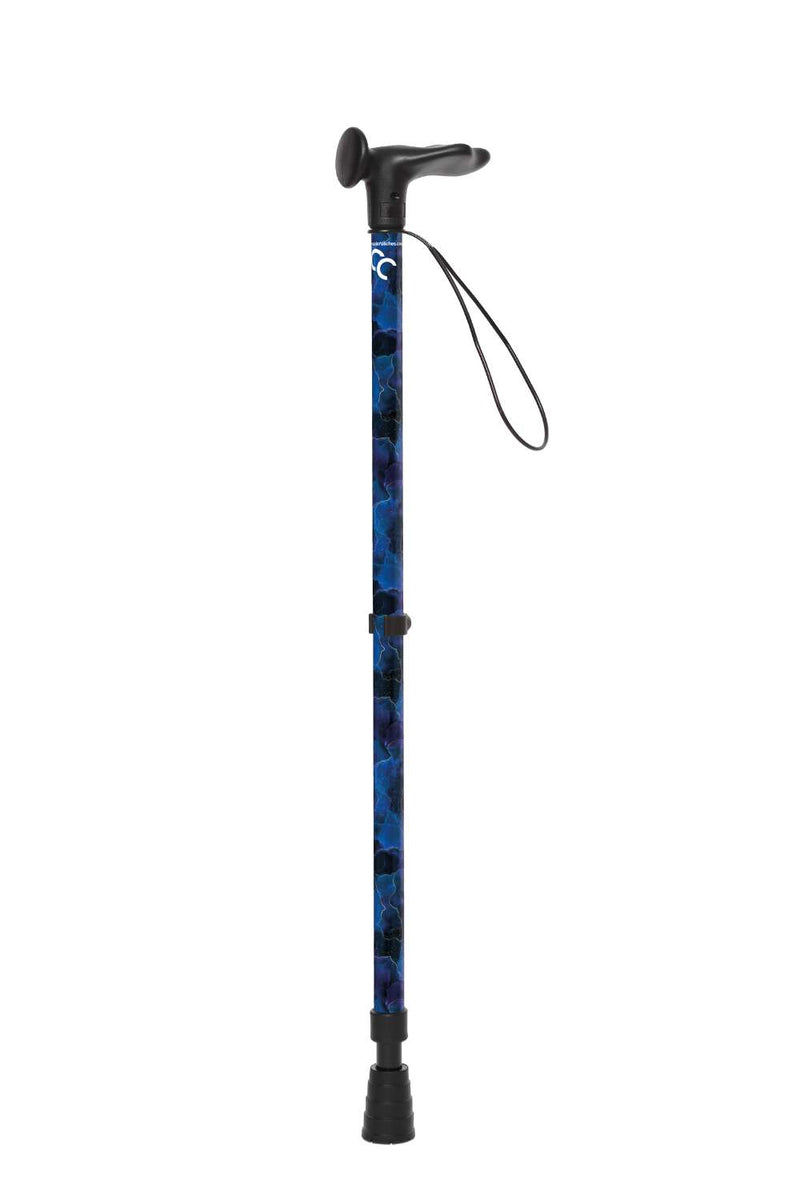 A walking stick with a blend of deep ocean blues and electric gold lightning streaks