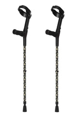 Pair of black crutches with patterned grips on a white background