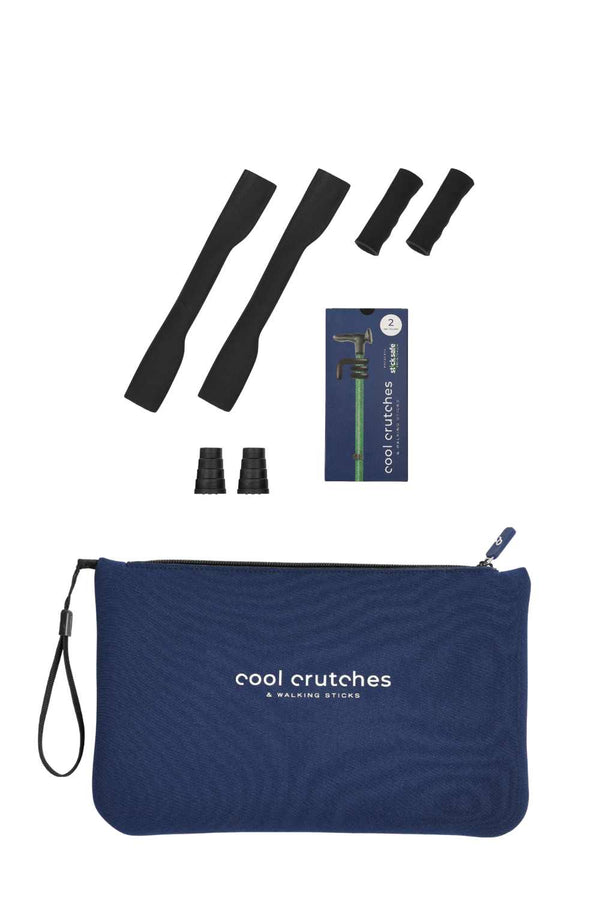 Set of black crutches with a blue carrying case labeled 'cool crutches' on a white background.