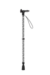 Black and white zebra-patterned walking cane on a white background
