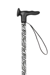 Zebra-patterned walking stick with black handle on a white background